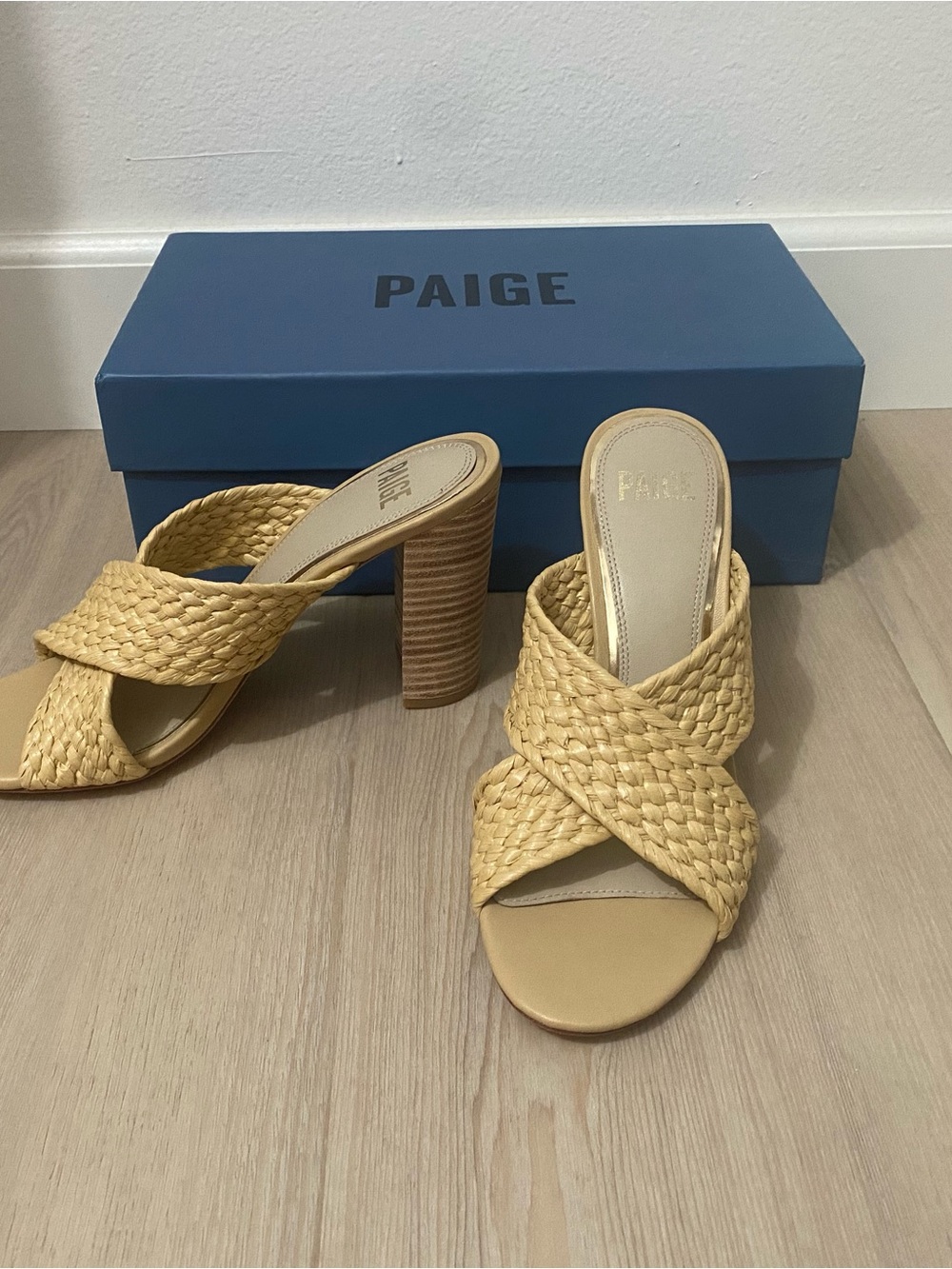 PAIGE Woven Tan Heel Mule Sandals
